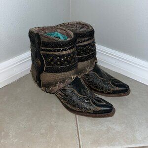 SOLD - Corral Winged Cross Black/Tan Flipped Shaft Cowgirl Ankle Boot Size 8.5